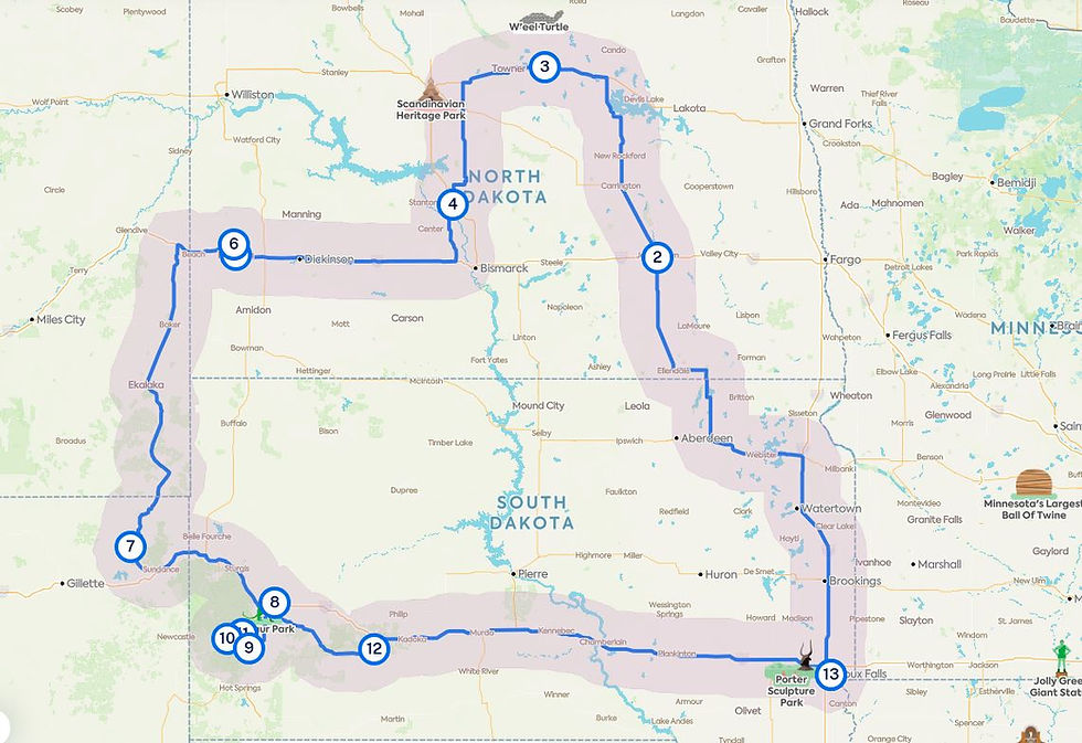 This is a screenshot of the route I have created for a "Dakotas" roadtrip that is on my bucket list. You can't see stop #1 because it is in the same place as stop #13 in Sioux Falls, SD. We would rent a car and drive north stopping at the interest points along the way.