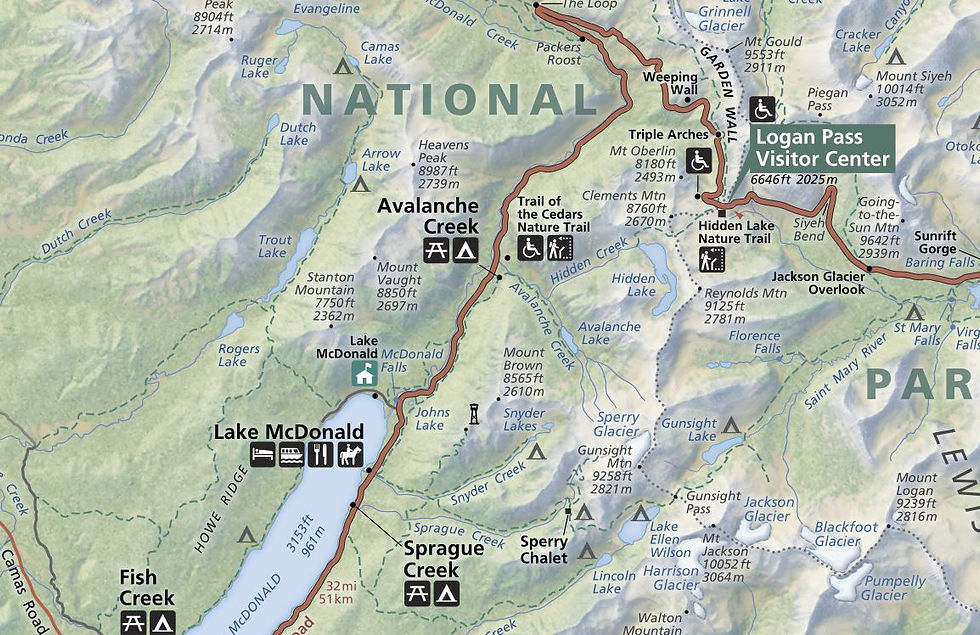 Glacier National Park emphasis on the Lake McDonald Creek and Avalanche Creek Trail. See npmaps for the full map. I think part of the problem is that Glacier is such a big park, it is difficult to have details for all the trails at the level you could have on a smaller park map.