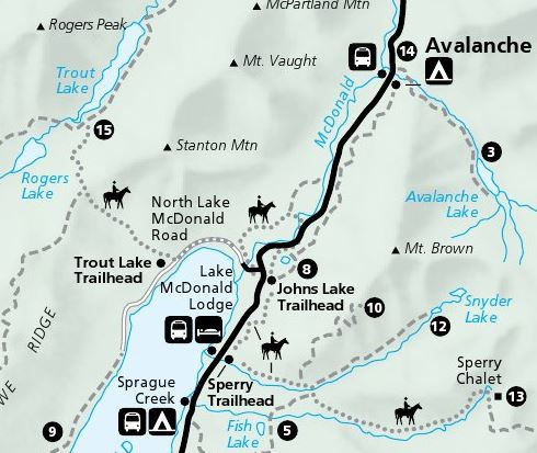 Portion of the free Lake McDonald Trail map with a focus on the same McDonald Creek Trail area. See the full map at npmaps.com/glacier.