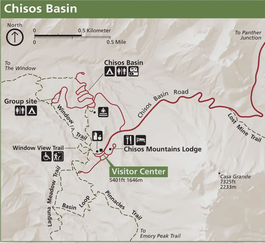 The cut out from the Big Bend National Park Map showing additional details from the Chisos Basin area. See the full map at npmaps.