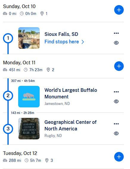 This is an example of the first few days of the trip and how it calculates how far and how long you are driving. (I haven't decided where we would want to stay on day 2, this is a theoretical trip at this point).