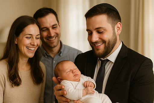 New Jersey Mohel smiling as he holds a newborn baby after a home circumcision with happy parents nearby.
