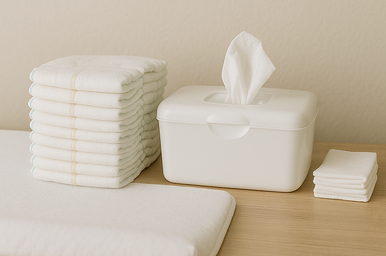 Stack of diapers and wipes neatly arranged on a wooden changing table, for circumcision aftercare.