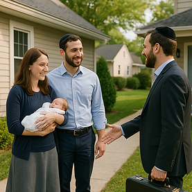 Modern Orthodox Jewish family welcoming a mohel outside their New Jersey suburban home, parents smiling with baby wrapped in a white blanket.