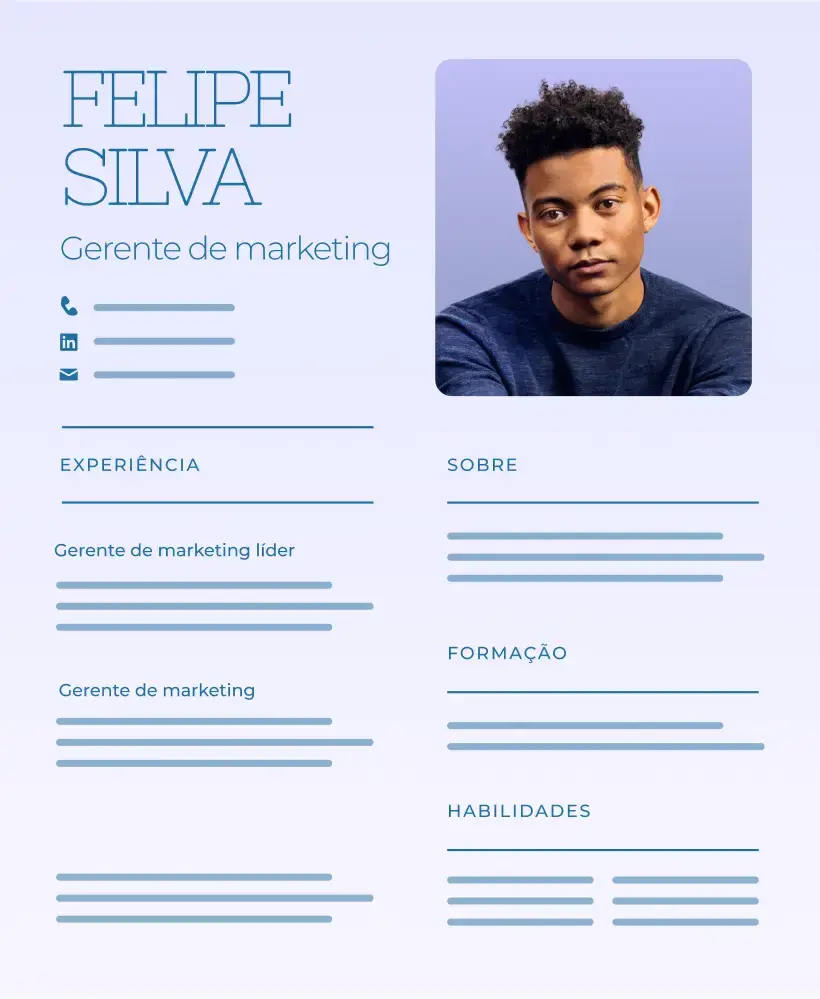 Um template de currículo simples e moderno do Wixel. Ele inclui seções com informações de contato, experiência, perfil pessoal, formação acadêmica e habilidades.