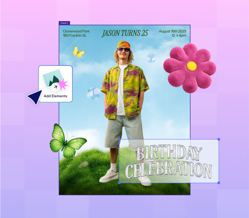 Birthday invitation template in the Wixel editor showing a 25th birthday poster with the Add Elements panel open.