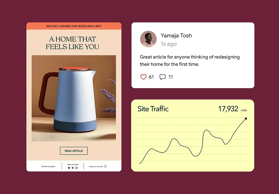 A social media post for an article, a comment, and a graph showing growth in traffic.