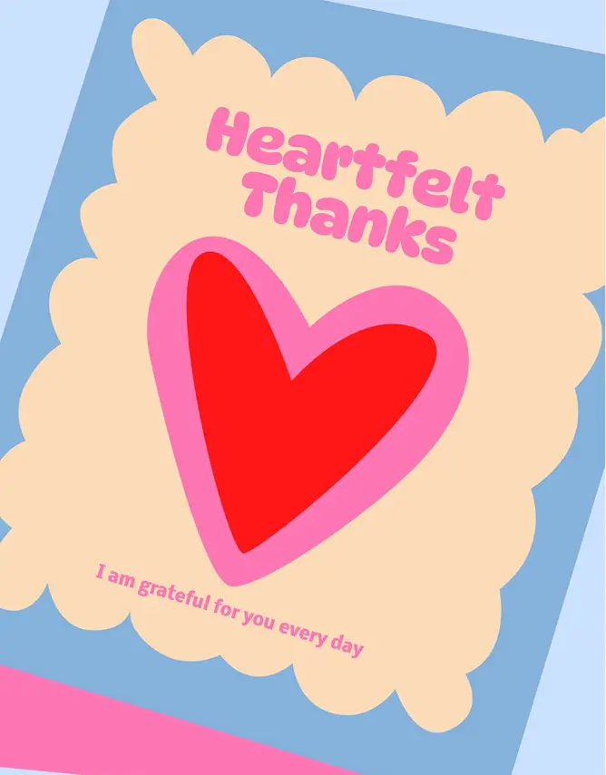 Ein Wixel-Template für eine Dankeskarte mit fettgedrucktem rosa Text und einem großen roten Herz mit rosa Umrandung. Das Design ist in einem cremefarbenen Quadrat mit gewelltem Rand zentriert und vor einem blauen Hintergrund angeordnet.