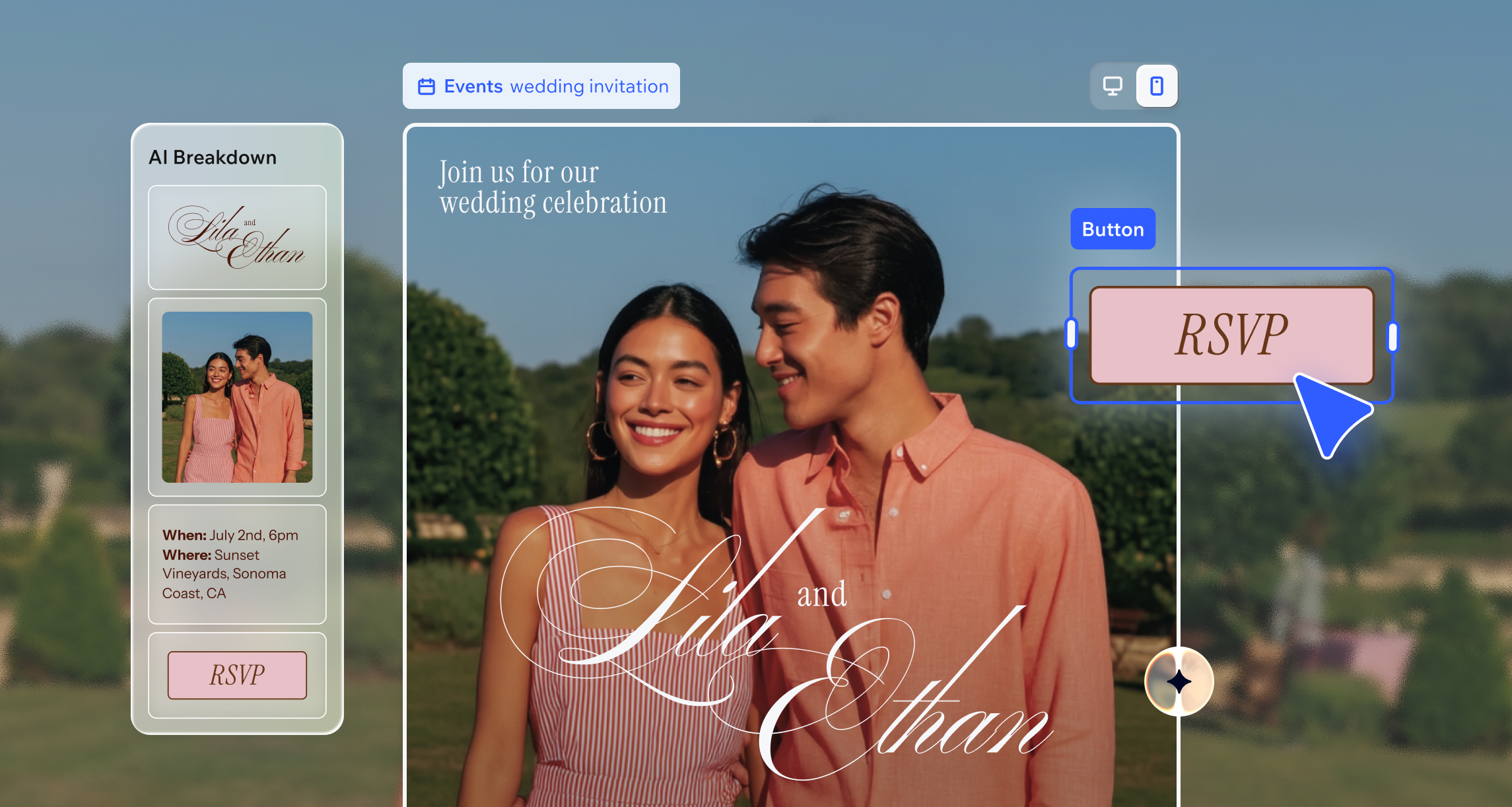 A wedding RSVP page design in Wixel’s editor. There’s a large RSVP button to the right, and to the left is a panel called AI Breakdown, where each part of the design is separated into editable components. 