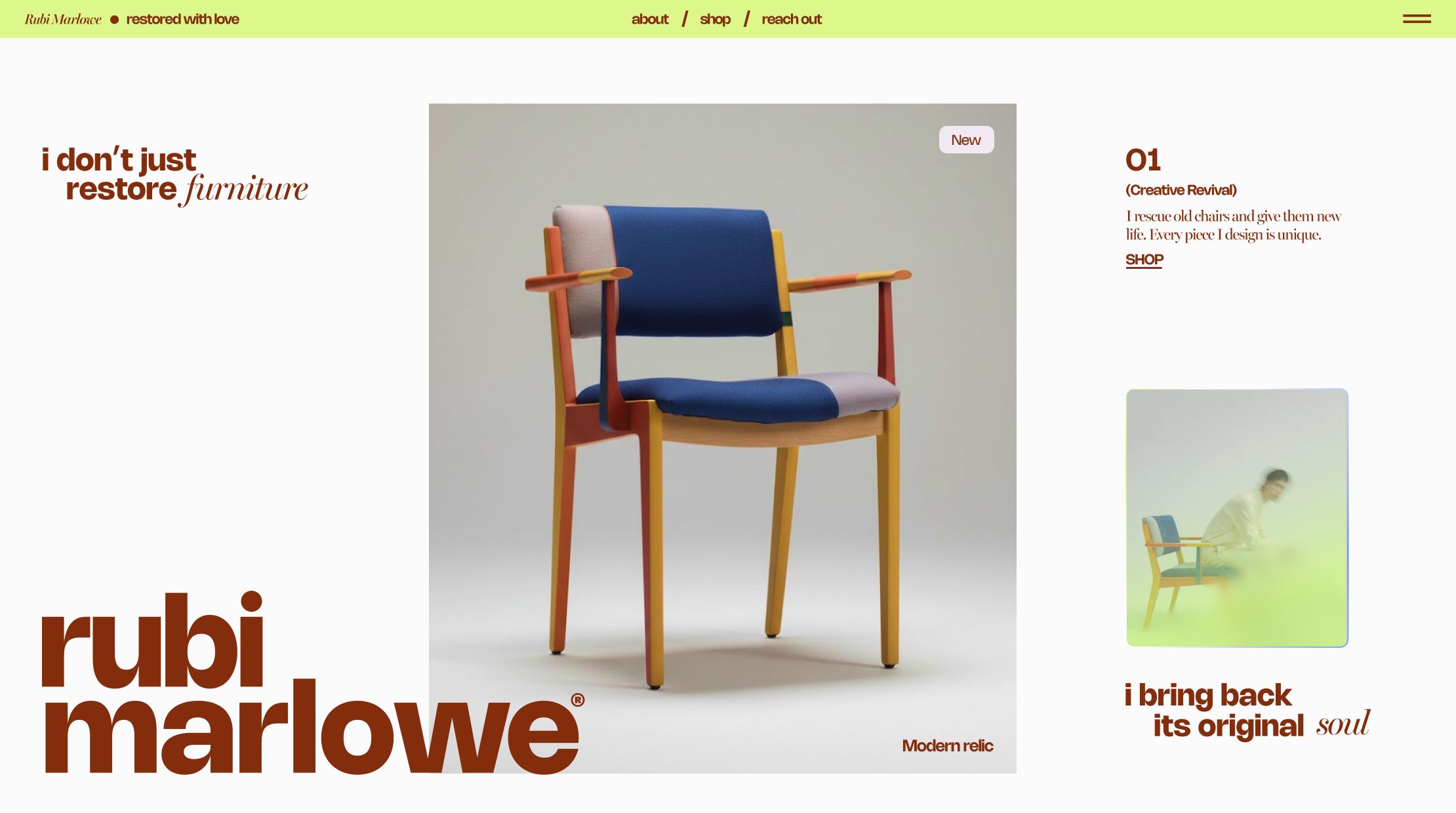 Hero section of a homepage for a furniture restoration store, showcasing a vibrant, uniquely designed chair.