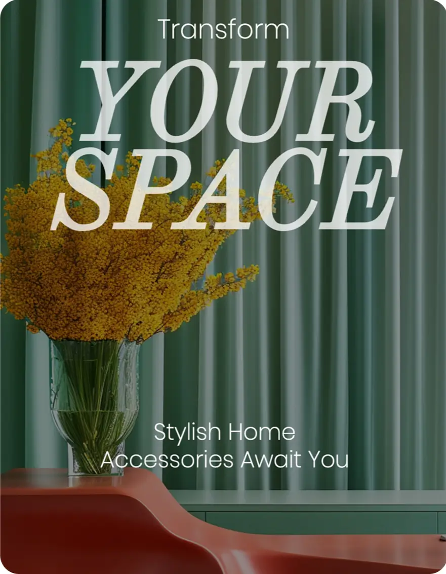Ein modernes, elegantes Wixel-Template für Instagram-Stories für ein Innenarchitekturbüro. Das Design zeigt ein gelbes Blumen-Arrangement in einer durchsichtigen Vase auf einer geschwungenen, roten Oberfläche, mit zartgrünen Vorhängen im Hintergrund. Kräftiger weißer Text überlagert das Bild.