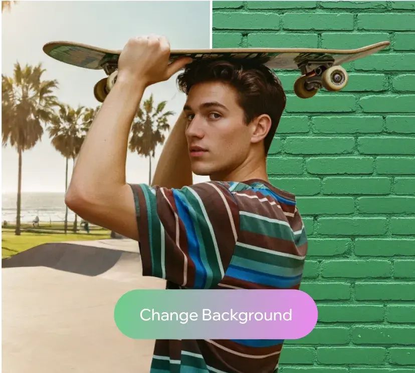 A man holding a skateboard. Half of the background shows a skate park, and half shows a green brick wall, demonstrating the change background tool. 