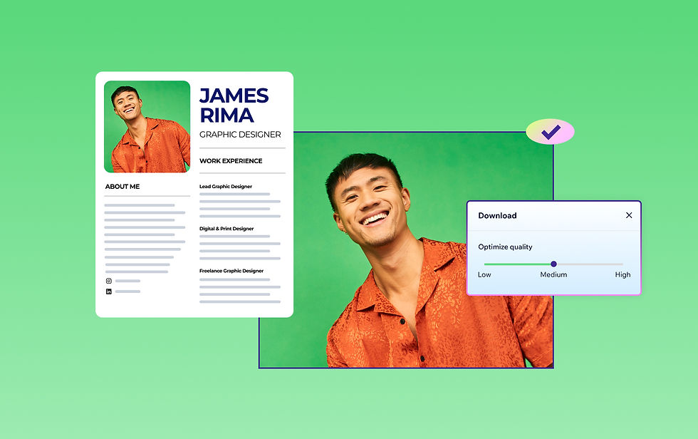 A smiling man in an orange shirt is featured in the PNG resizer tool. The interface shows a resume preview and a quality optimization slider for download.