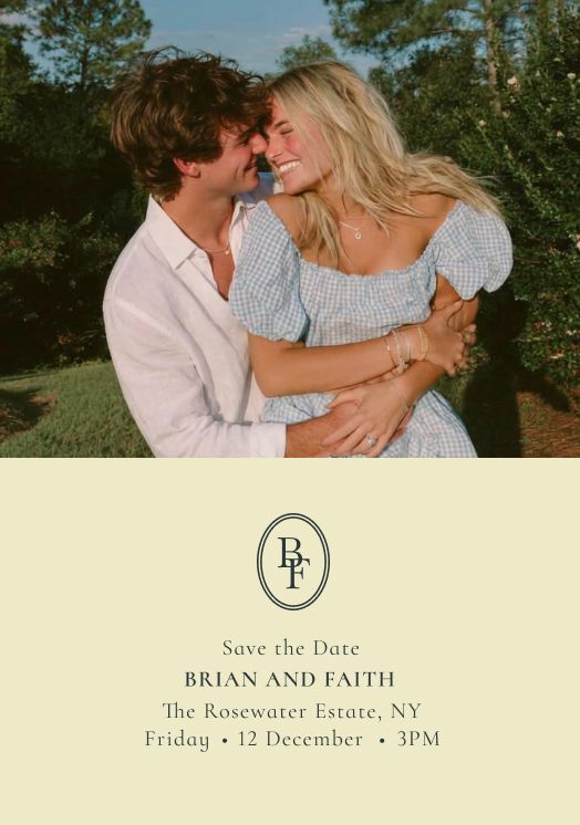 Save-the-date card for a wedding, featuring a photo of a smiling couple embracing. Below the image is an elegant monogram and details of the event.