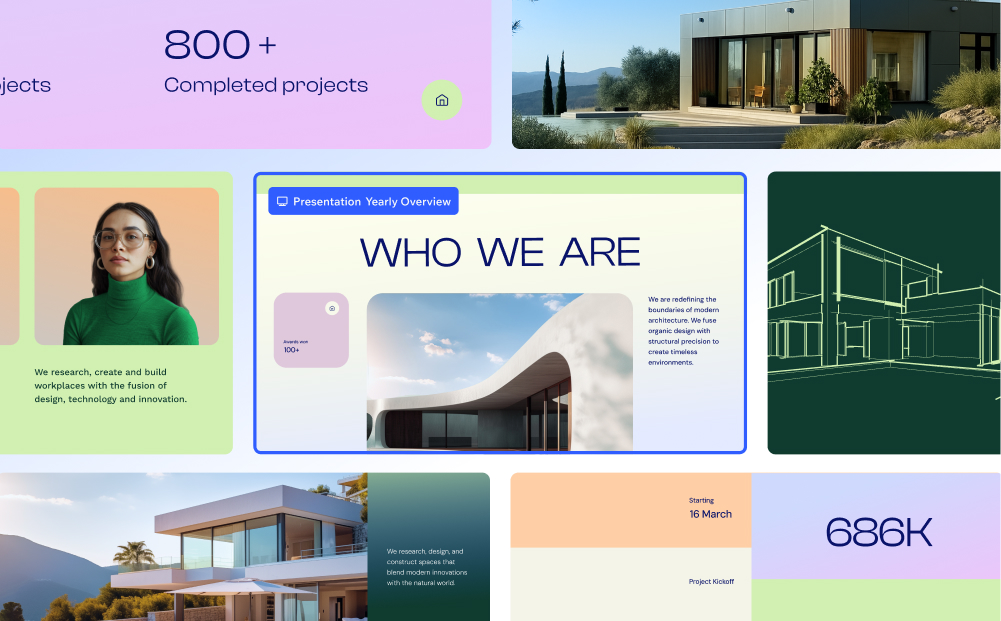A grid layout showcasing presentation slides with a modern, minimalist design. The presentation is for an architectural firm, featuring projects, team profiles, and stats. 