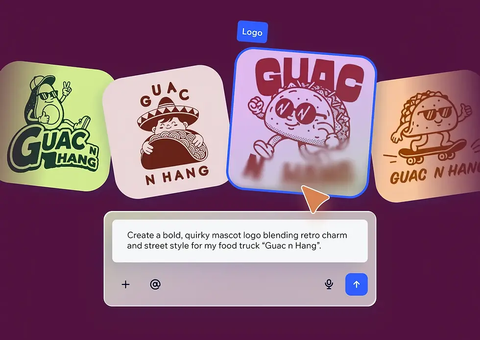 A screen capture of Wixel's AI logo generator interface showing four mascot logo options generated from a text prompt.
