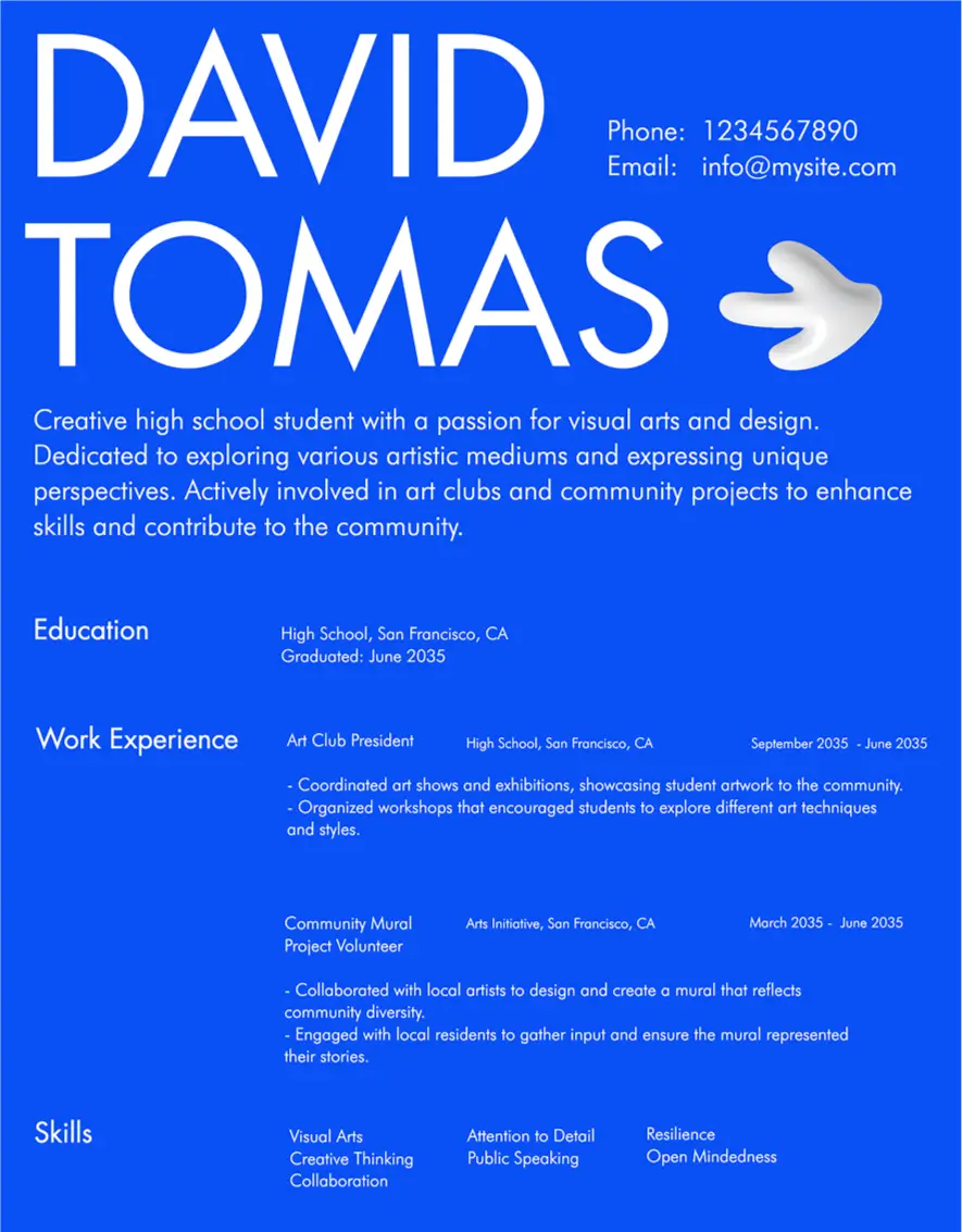 Ein minimalistisches Wixel-Template für Lebensläufe, mit einem hellen blauen Hintergrund und kontrastierendem, weißen Text. Das Template beinhaltet Abschnitte für Ausbildung, Arbeitserfahrung und Fähigkeiten.