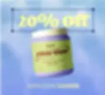 A promotional image for supplements. The background has been edited so the jar floats over a gradient background, and there are text overlays promoting a discount.