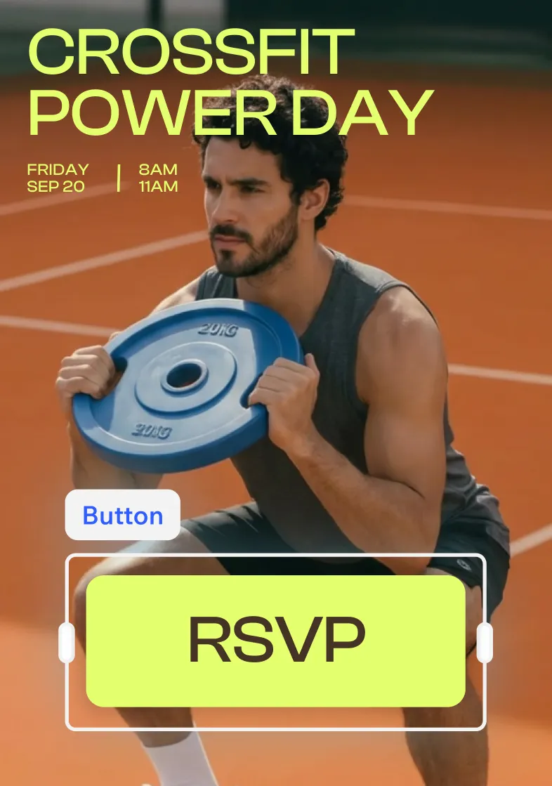 An online RSVP page for an event called Crossfit Power Day. A man holds a weight against an orange background. Text over the image includes the event details, and there’s a large RSVP button.