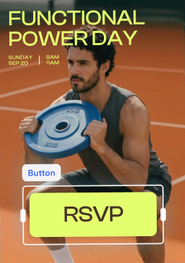 An online RSVP page for an event called Crossfit Power Day. A man holds a weight against an orange background. Text over the image includes the event details, and there’s a large RSVP button.