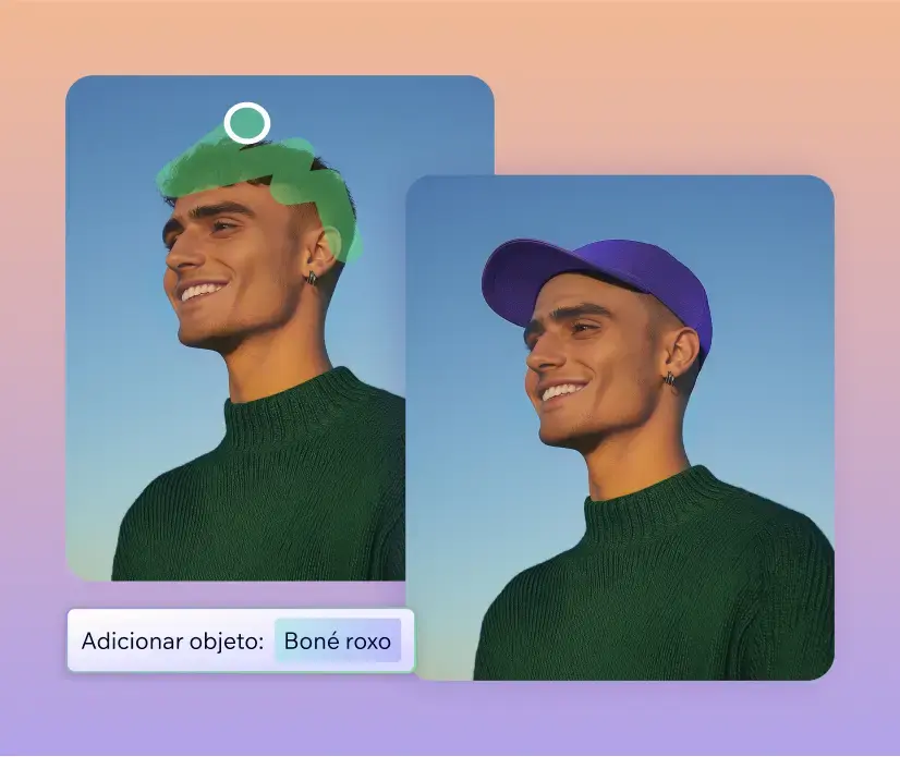 A ferramenta de remoção e substituição de objetos do Wixel sendo aplicada a uma imagem de um homem usando um suéter verde. O cabelo do homem é removido e substituído por um boné roxo.