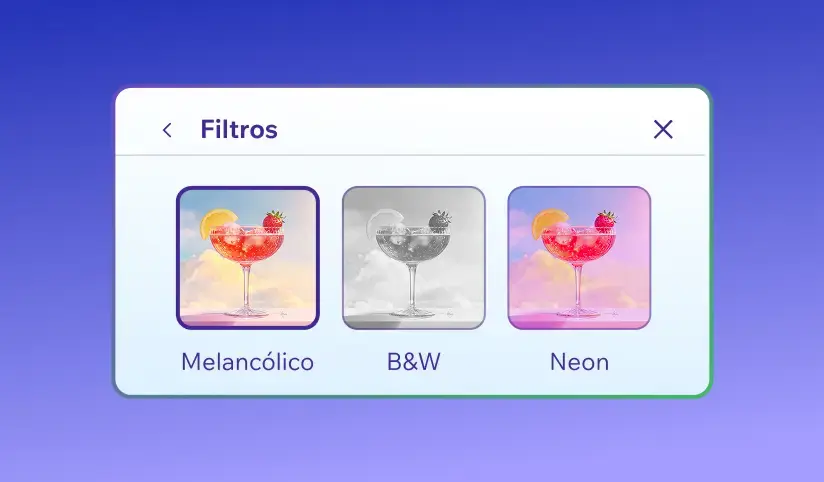 Um coquetel tropical aparece em destaque contra um céu nublado, com três filtros do Wixel: Moody, B&W e Neon.