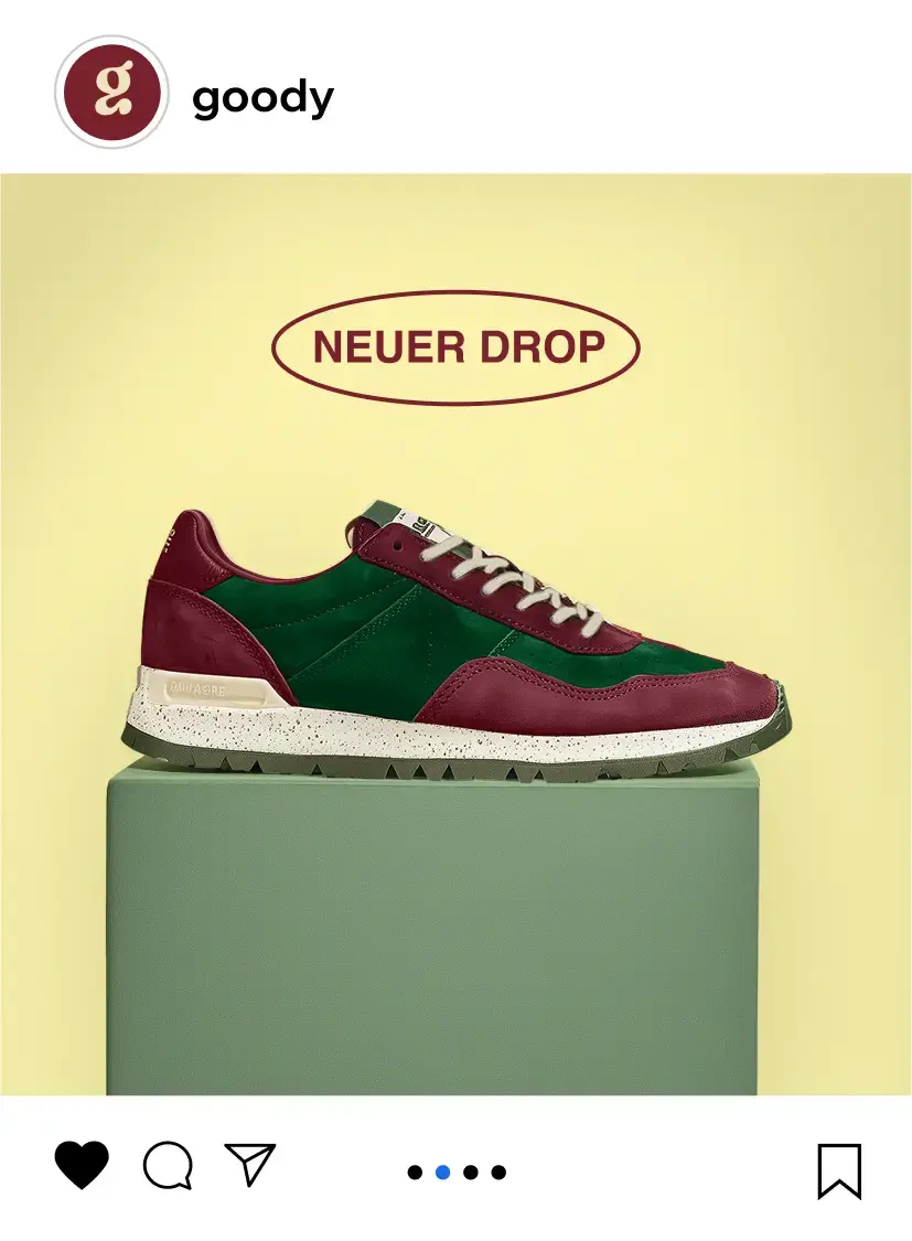 Ein Wixel-Template für Instagram-Beiträge. Der Beitrag bewirbt die Veröffentlichung eines grün und burgunderfarbenen Sneakers der Marke „goody“.