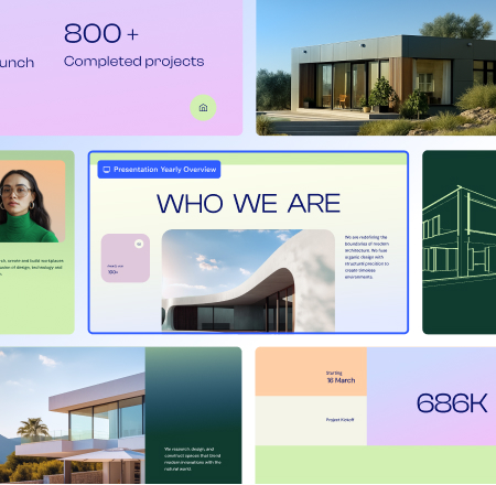A grid layout showcasing presentation slides with a modern, minimalist design. The presentation is for an architectural firm, featuring projects, team profiles, and stats. 
