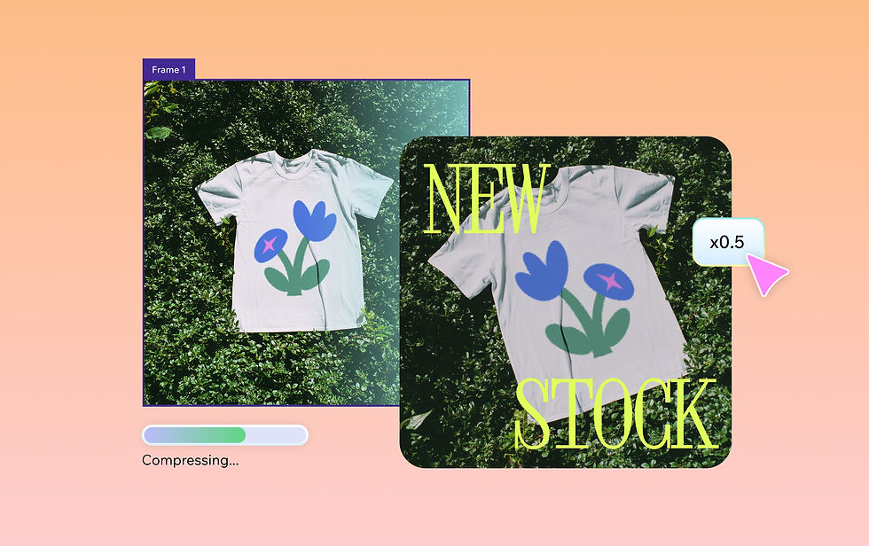 JPG of a white t-shirt with flower graphics laid on green foliage. The image is being compressed with visible settings for reduced file size.