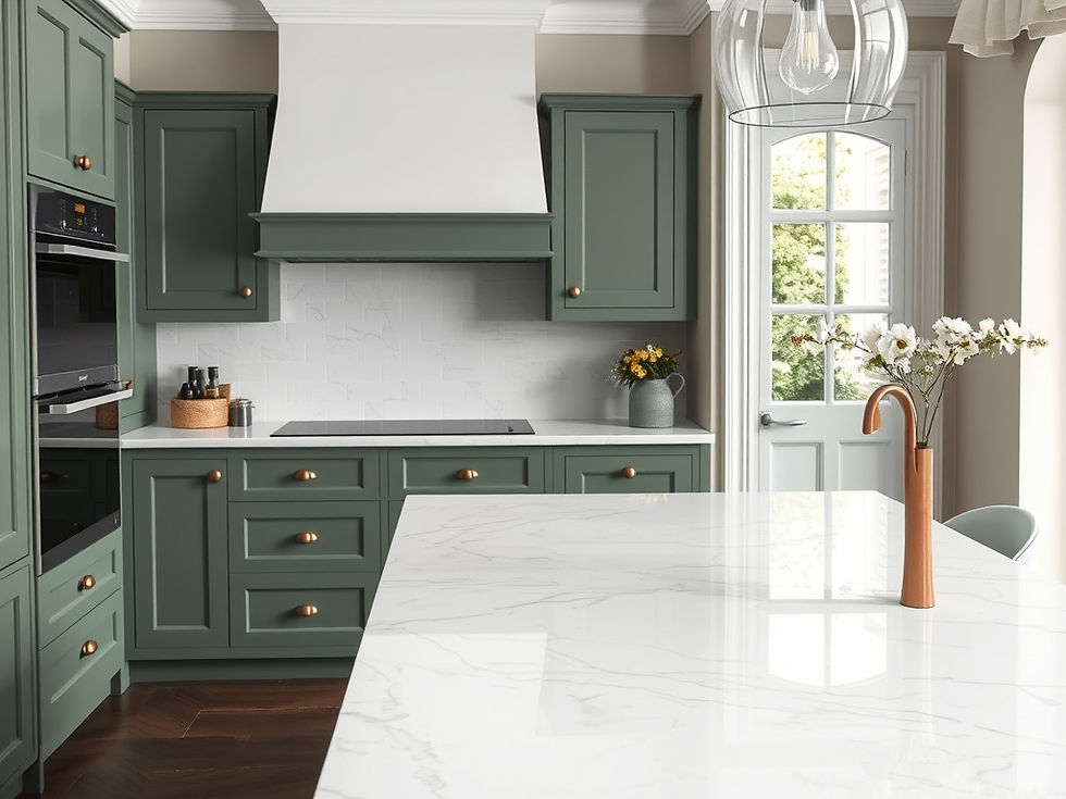 Photorealistic luxury white marble-effect epoxy resin kitchen worktop, photographed from a