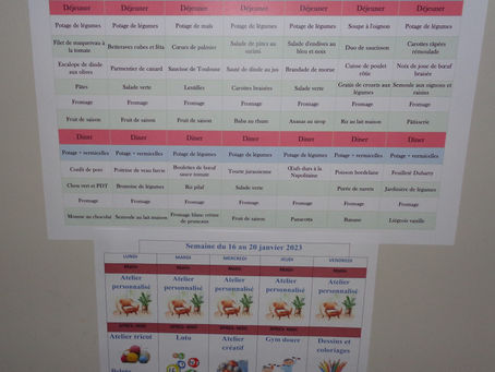 Menus et planning activités de la semaine