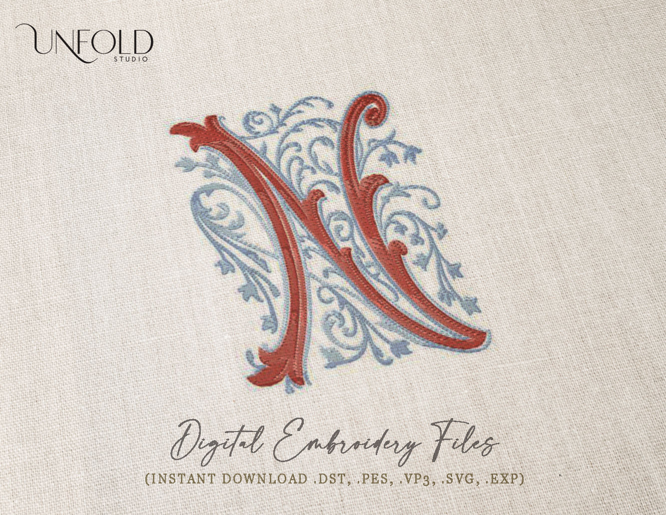 Embroidered-style decorative letter 'N' with elaborate swirls and scrolls, featuring intricate, flowing designs.