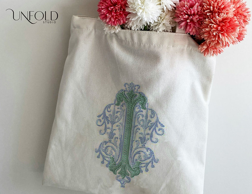 Thumbnail: Embroidered-style decorative letter I with elaborate swirls and scrolls, featuring intricate, flowing designs.