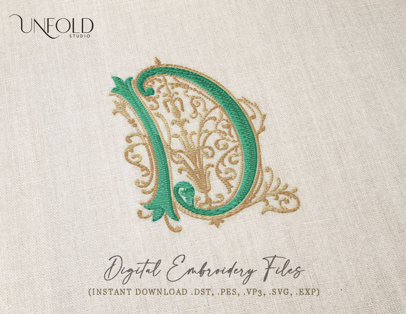 Embroidered-style decorative letter D with elaborate swirls and scrolls, featuring intricate, flowing designs.