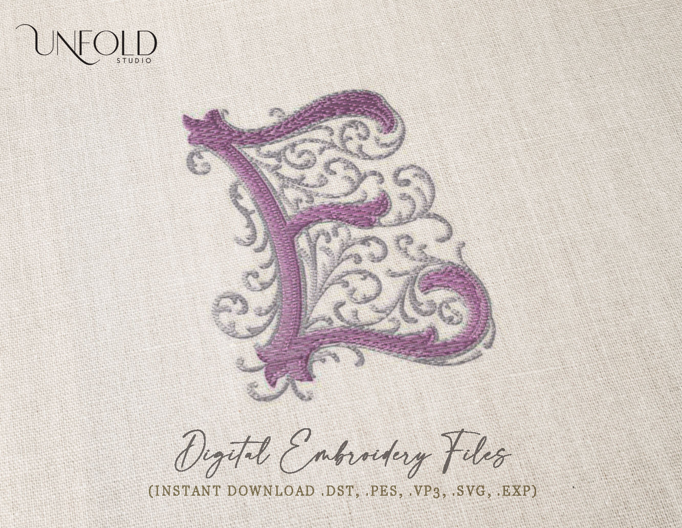 Embroidered-style decorative letter E with elaborate swirls and scrolls, featuring intricate, flowing designs.