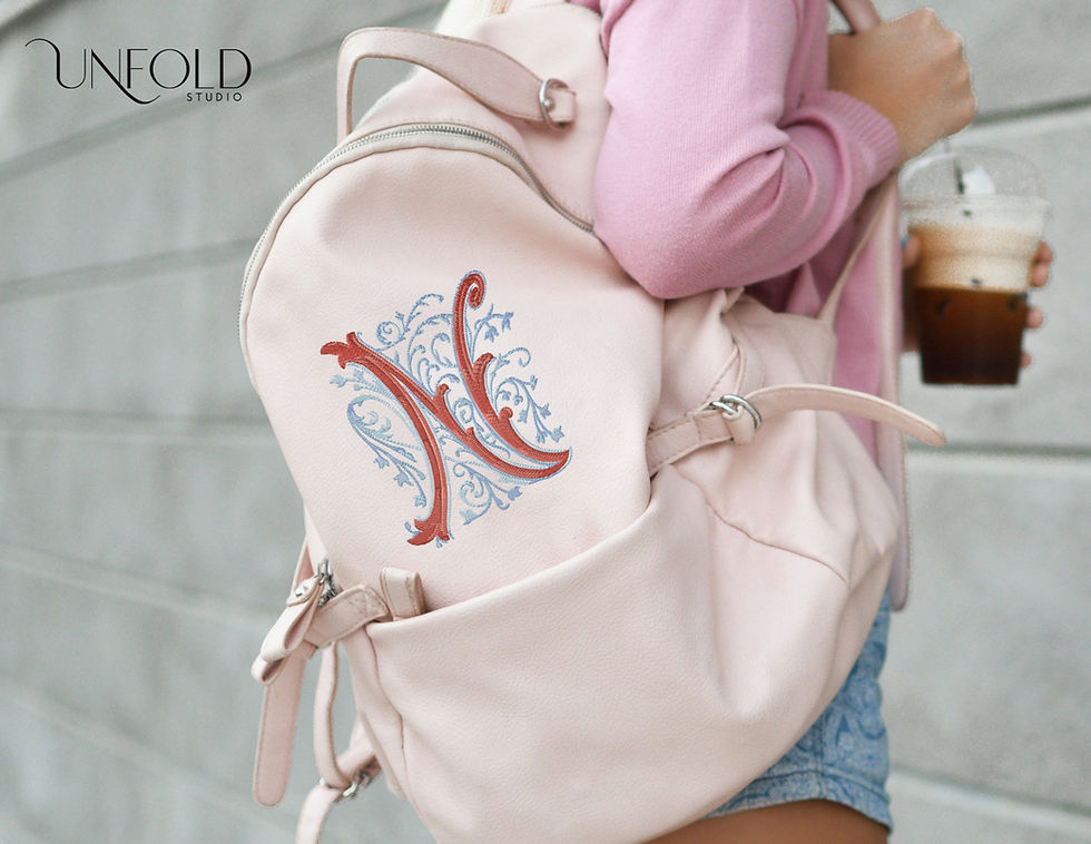 Thumbnail: Embroidered-style decorative letter 'N' with elaborate swirls and scrolls, featuring intricate, flowing designs.