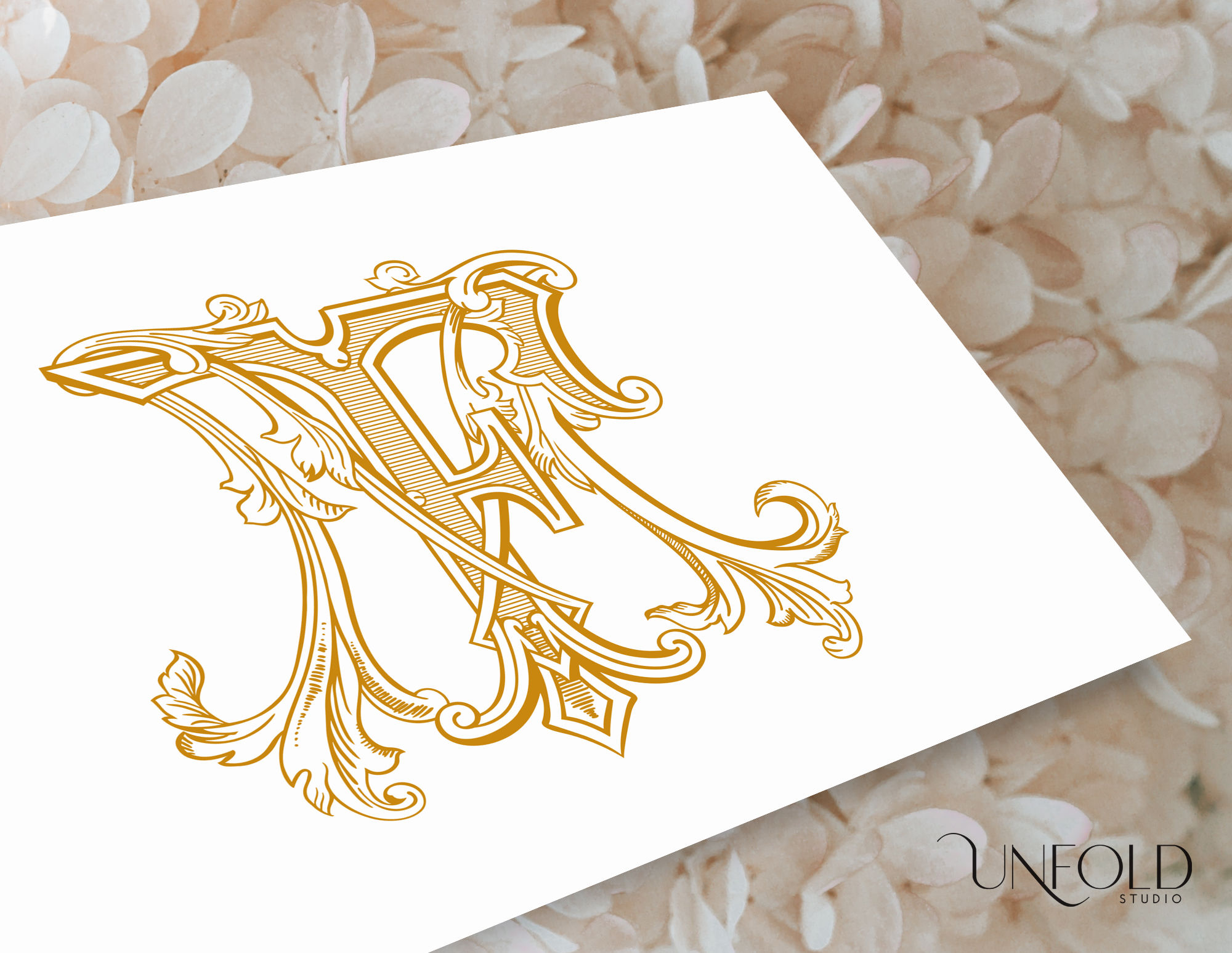 MF monogram in vintage gold, ornate design