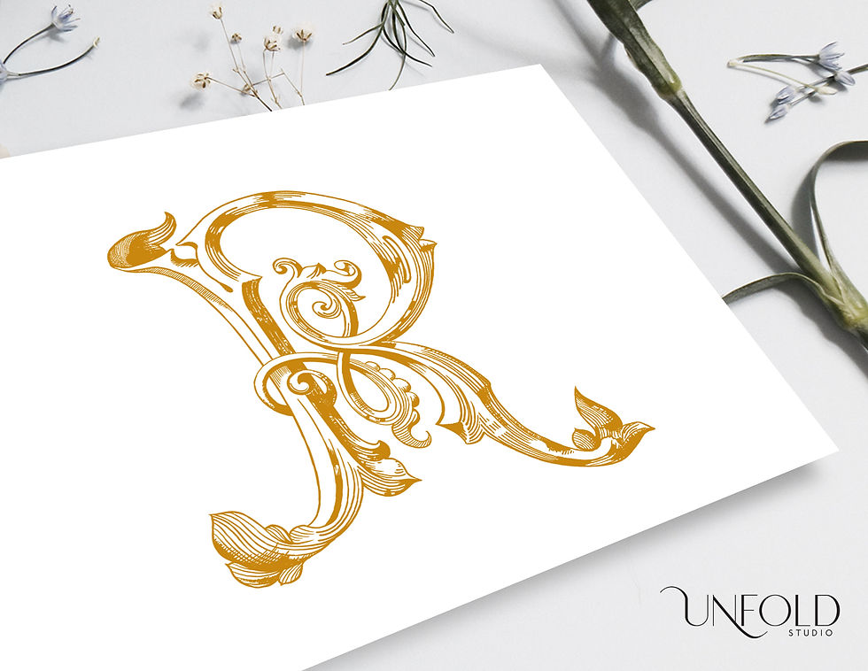 R lettering in faux gold foil