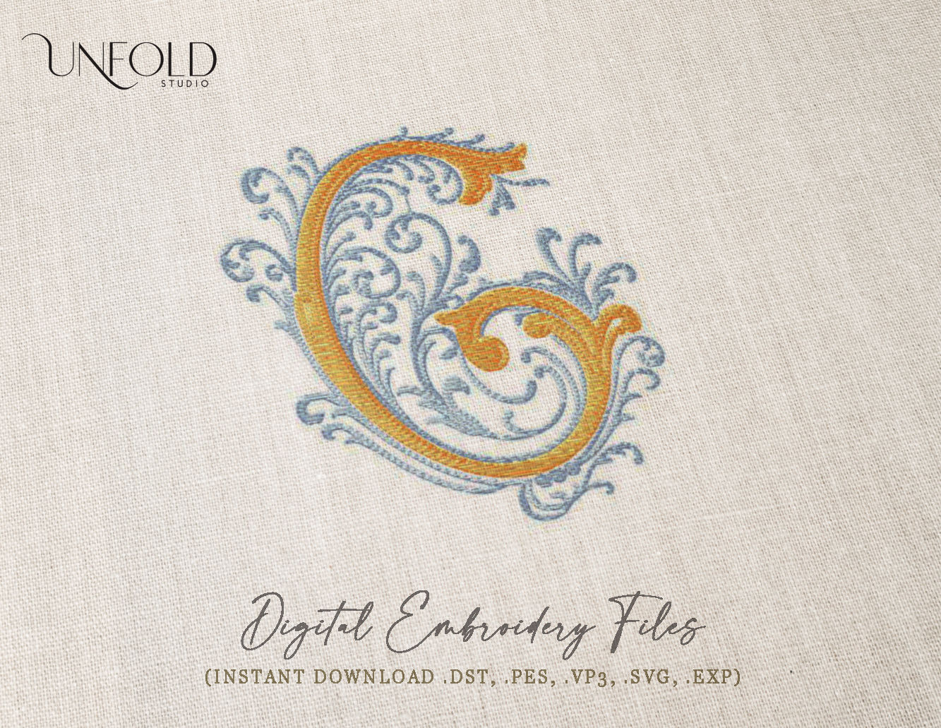 Embroidered-style decorative letter G with elaborate swirls and scrolls, featuring intricate, flowing designs.
