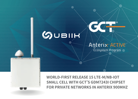 Ubiik goRAN world-first release 15 LTE-M/NB-IoT small cell with GCT's GDM7243I chipset for private networks in Anteric 900 MHz