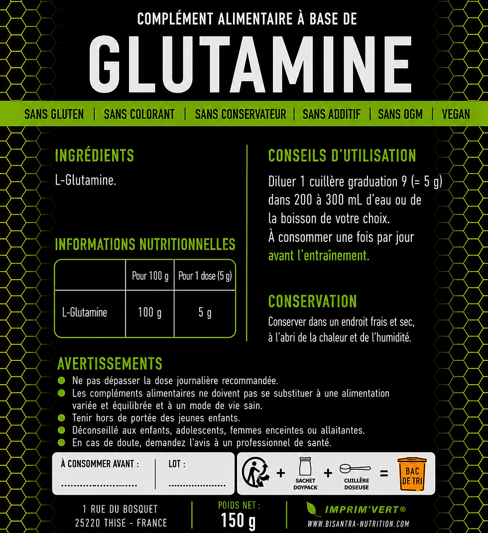 Sachet de L-glutamine pure 150 g BISANTRA – face arrière