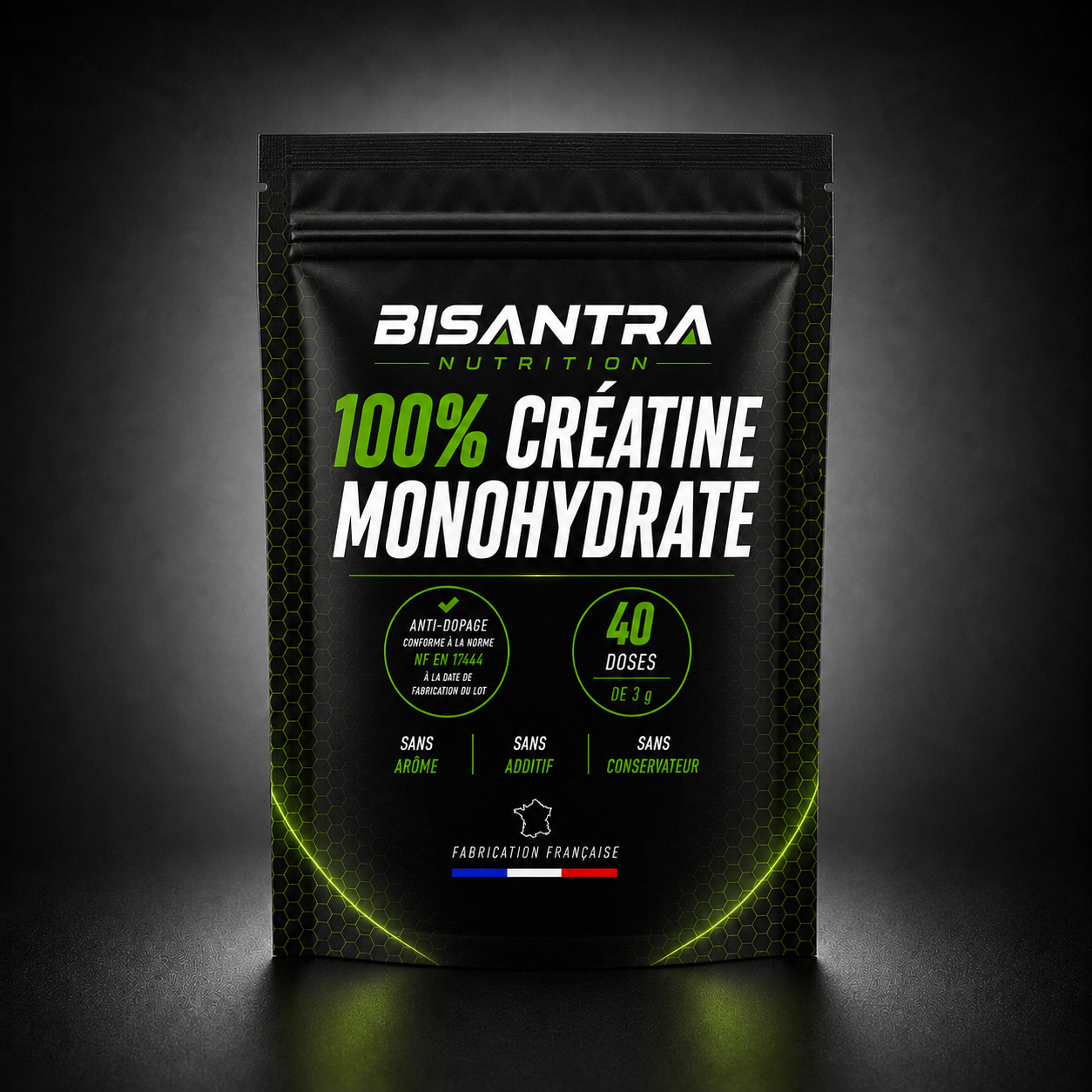 Sachet de créatine monohydrate pure 120 g BISANTRA – face avant