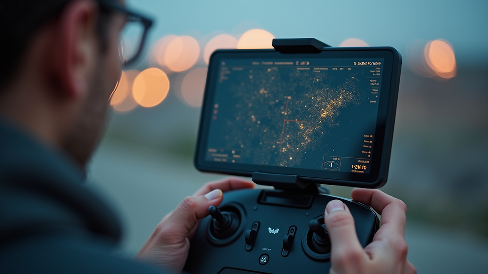 Close-up of a drone controller with a detailed flight plan on screen