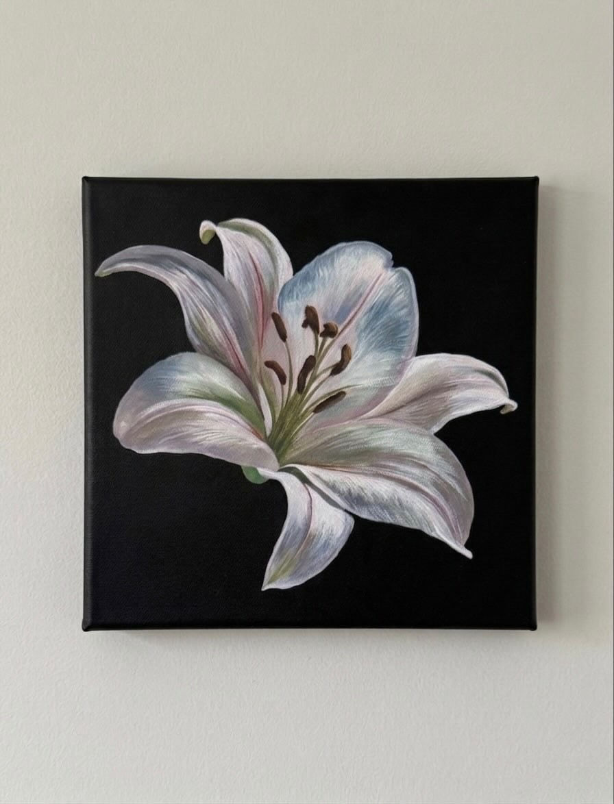 Thumbnail: White lily painting titled The Lily 2 on black canvas.