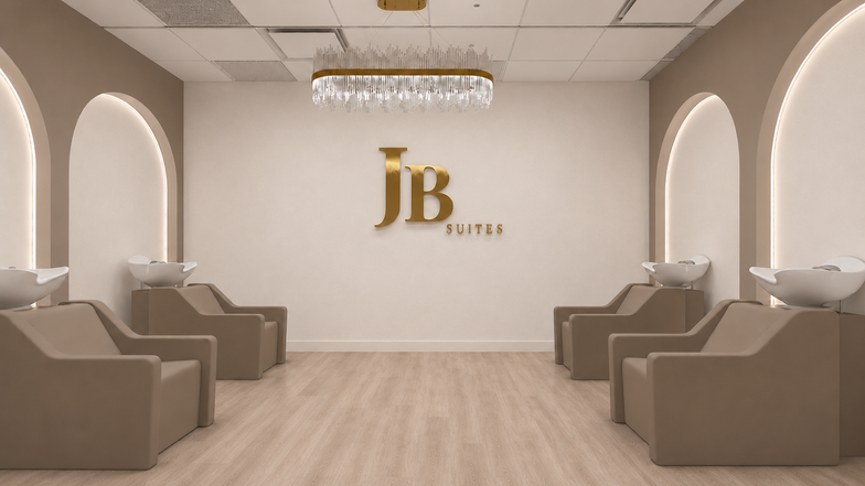Modern salon interior with JB Suites logo and wash stations
