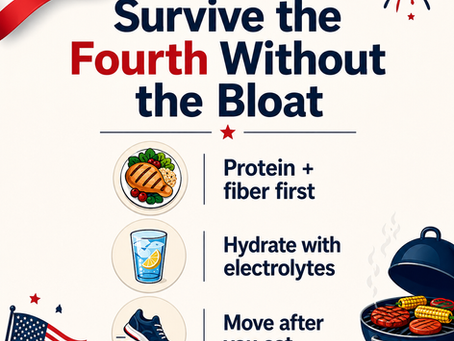 Survive the Fourth Without the Bloat infographic: protein and fiber first, hydrate with electrolytes, move after you eat