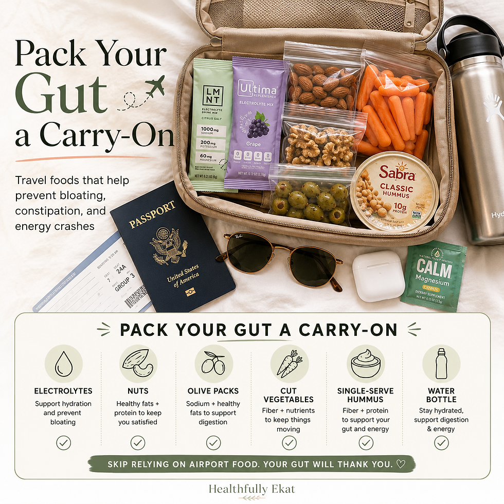 Pack Your Gut a Carry-On infographic: electrolytes, nuts, olives, cut vegetables, single-serve hummus, and a water bottle for travel