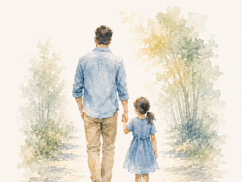 Father and young daughter walking hand in hand, with the words Happy Father's Day