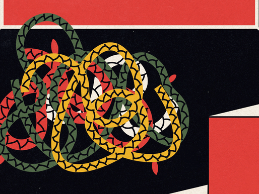 Ilustração: nós coloridos emaranhados entre si descendo uma escada com uma janela vermelha ao fundo