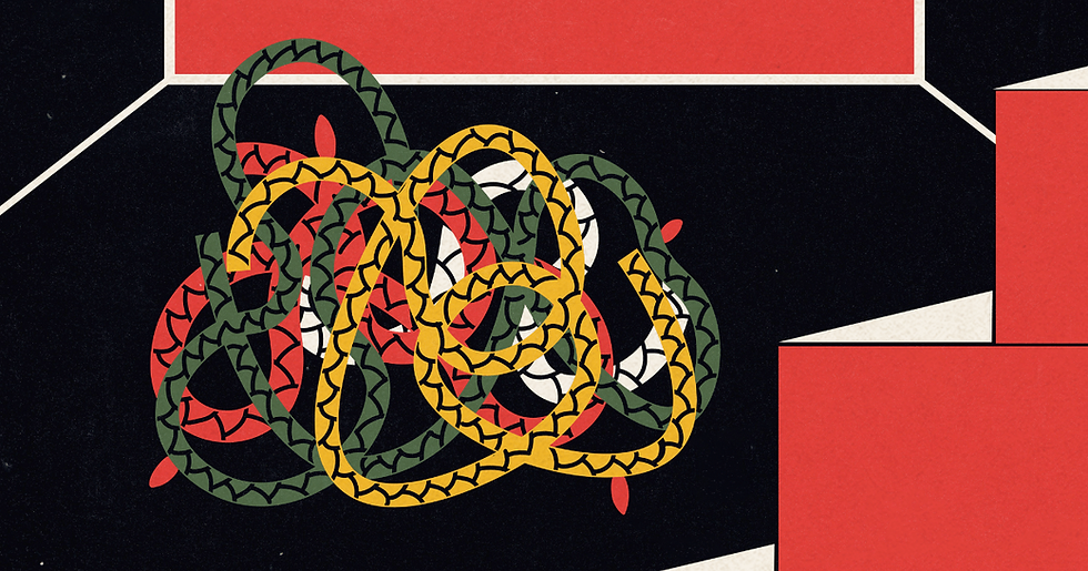 Ilustração: nós coloridos emaranhados entre si descendo uma escada com uma janela vermelha ao fundo